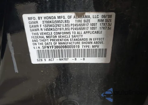 2009 Honda Pilot Ex-L from USA, damaged, VIN 5FNYF38609B005919